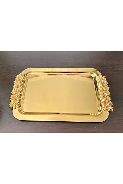 atabey home collection 2 ADET Kahve & Çay & Sunum Tepsisi UZUN GOLD GÜLLÜ TEPSİ 30 CM