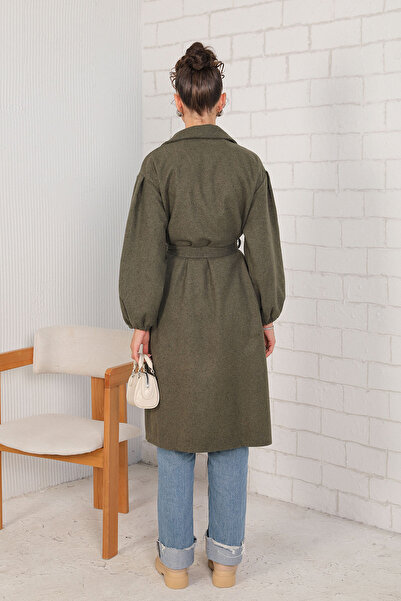 Melike Tatar Haki Belted Balloon Sleeve Cashmere Coat 32-8002-1