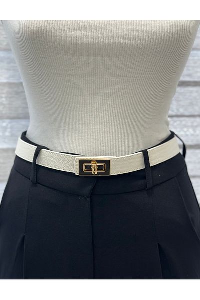 Des'ree Kemer White Stitched Belt with Gold Buckle - 2.5 Cm, for Pants, Dresses, Shirts and Jackets