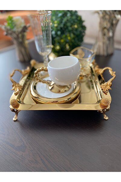 İLİK HOME 6 Adet Kahve & Çay & Sunum Tepsisi KARE GOLD AYAKLI VE KULPLU LÜX TEPSİ