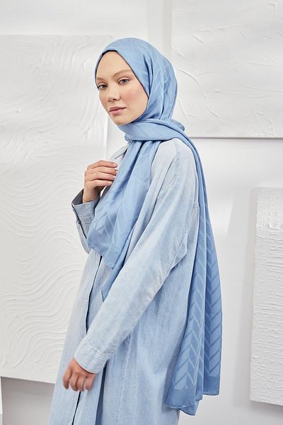 ARMANDA Şal jacquard mătăsos italian cu model în zig-zag - albastru denim