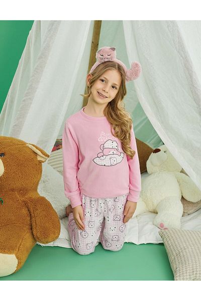 Aydoğan Girl's Pink Thermal Long Sleeve Pajama Set – Warm and Soft Winter Set