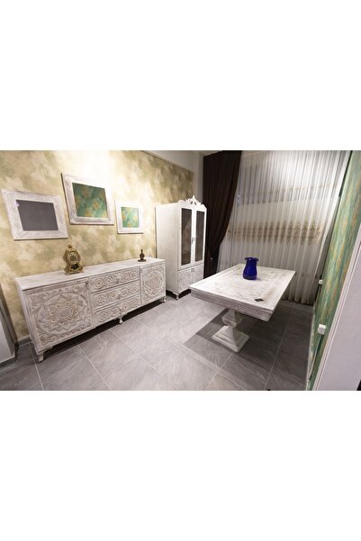 GÜRSES HOME Salon Masif Ahşap Ayna El Oyması 3 Parça Beyaz Eskitme
