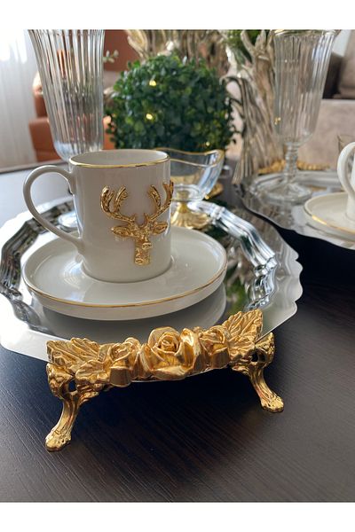 atabey home collection صينية تقديم القهوة والشاي والشاي 6 قطع بأرجل بيضاوية مع وردة مصبوبة 32 سم