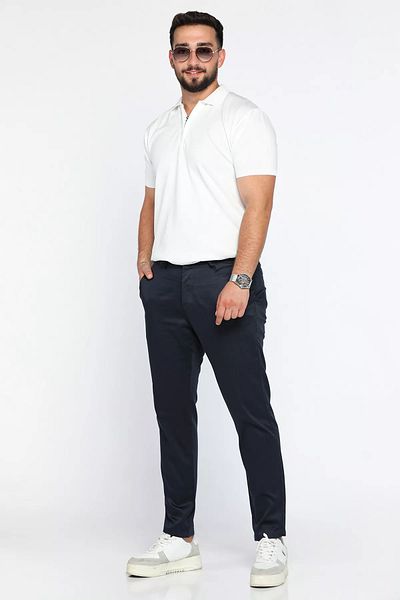 MİSHAR İTALİA Navy Blue Elastic Waist Gabardine Trousers