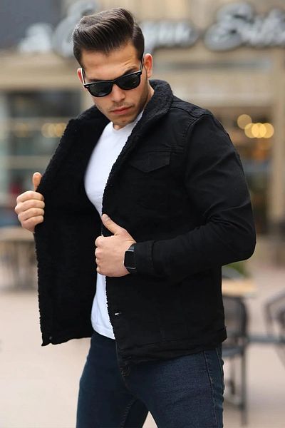 MİSHAR İTALİA Μαύρο και μαύρο ανδρικό βελούδινο μπουφάν Gabardine