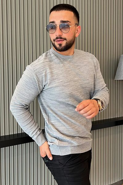 MİSHAR İTALİA Γκρι ανδρικό πλεκτό πουλόβερ με μοτίβο με λαιμόκοψη