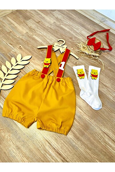 Feriatolye Winnie the pooh konsepti hardal kırmızı şort salopet