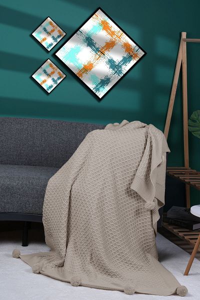 DOUX HOME Yeliz Knitwear Tv Blanket - 10 Pompoms, 130X170 (Stone)