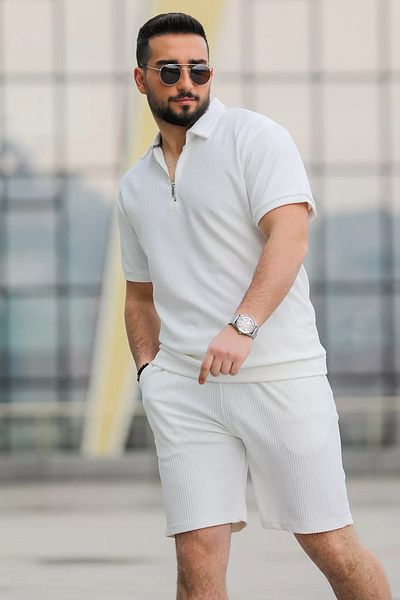 MİSHAR İTALİA Ανδρικό μπλουζάκι με κρεμ φερμουάρ Polo Jacquard