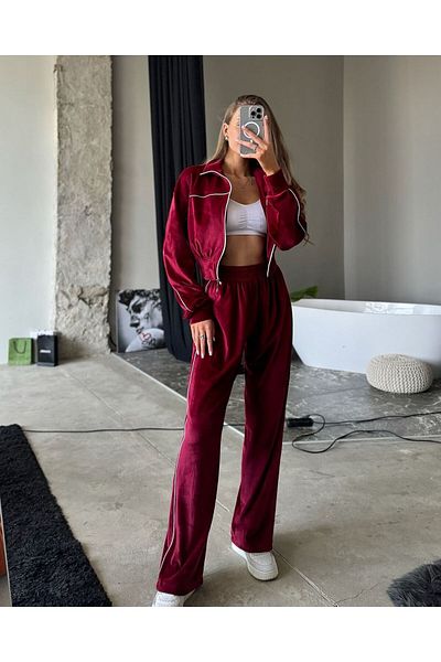 Justin Cardigan și pantaloni supradimensionați cu dungi din catifea burgundy - Set de 2