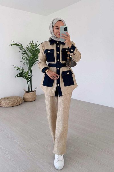 Ka Hijab Gold Buttoned Jacketed Hijab Set of 2 - Beige, Denim Detail