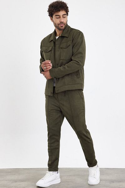 MADZEYMODA New Season Men's Trousers Jacket 2-Piece Khaki Green Suede Set Mz0800