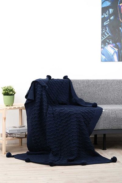 DOUX HOME Meral Knitwear Braided Pompom Tv Blanket 130 X 170 cm (Ndigo)