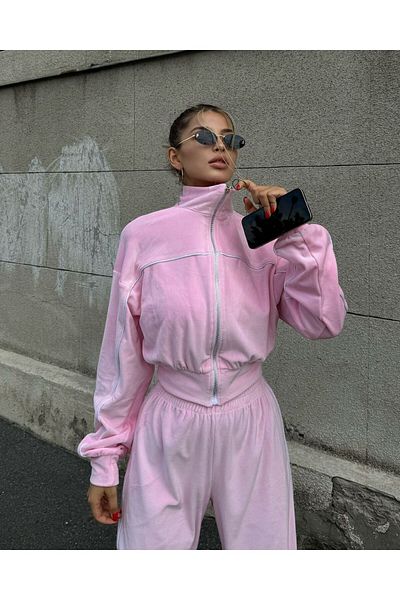 Justin Women's Pink Velvet Striped Oversize Cardigan and Wide Leg Striped Trousers 2-Piece Set