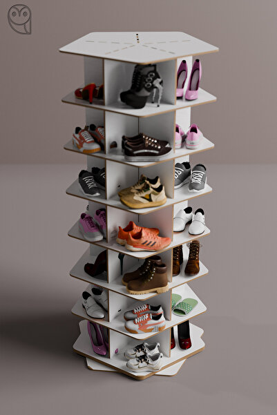 Mionte Flat-Pack 360° Dönen Ayakkabı Rafı, Dönen Ayakkabı Raf Kulesi, Orijinal 7 katmanlı (Beyaz, Beşgen)