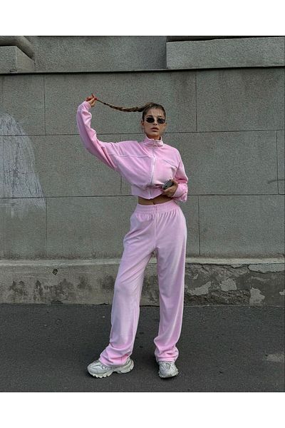 Justin Women's Pink Velvet Striped Oversize Cardigan and Wide Leg Striped Trousers 2-Piece Set