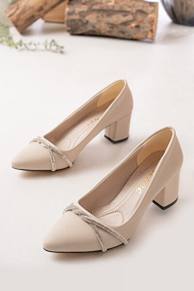 macella Dámské béžové boty na středním podpatku s kamennými detaily_šik&rahat