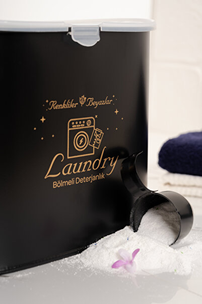 Lura Metal 2 Bölmeli Metal Siyah Plastik Kapaklı Tablet ve Toz Deterjan Kutusu Banyo Düzenleyici - 12 Lt