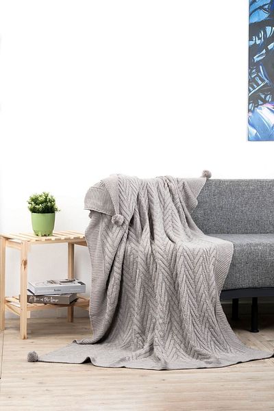 DOUX HOME Leyla Knitwear Knitted Tv Blanket with 4 Pompoms 130 X 170 (Grey)