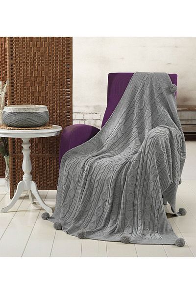 DOUX HOME Sevda Knitwear Knitted Tv Blanket with 10 Pompoms 130 X 170 (Grey)