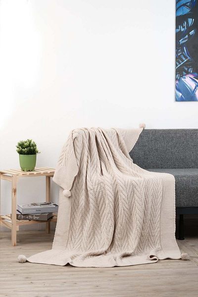 DOUX HOME Leyla Knitwear Knitted Tv Blanket-4 Pompoms 130 X 170 (Stone)