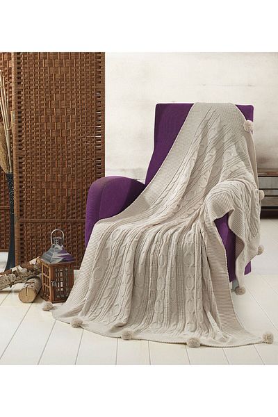 DOUX HOME Sevda Knitwear Knitted Tv Blanket with 10 Pompoms 130 X 170 (Stone)