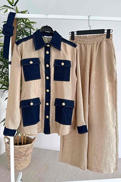 Ka Hijab Set de blugi bej cu nasturi aurii - cu jachetă