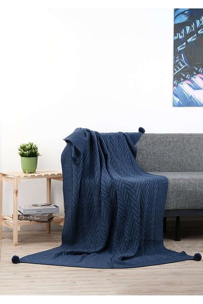 DOUX HOME Leyla Knitwear Knitted Tv Blanket-4 Pompoms 130 X 170 (Ndigo)