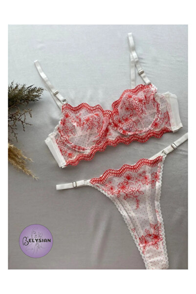 love secret Set sutien cu broderie florală albă roșie