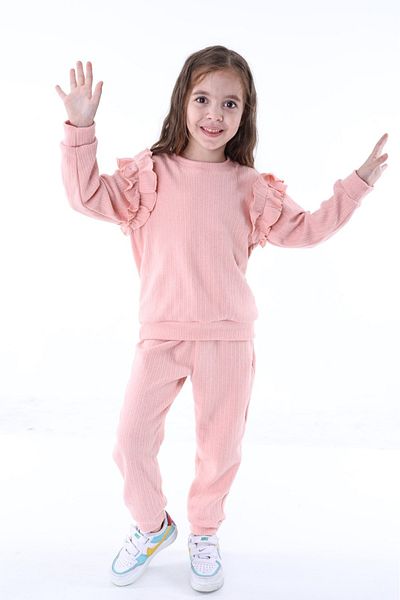 minikiss Cotton Ruffled Shoulder Tracksuit Bottom Top Girl's Two-Piece Set