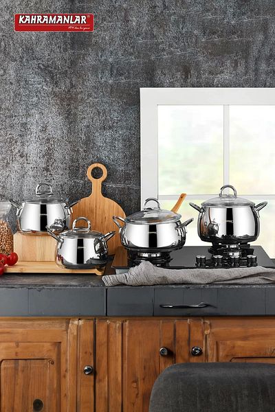 Kahramanlar 8 Piece Steel Pot Set - Acacia Induction Base