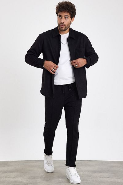 MADZEYMODA New Season Men's Trousers and Shirts 2-Piece Black Suede Set Mz0801