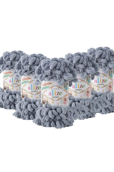 Alize Pack of 5 Puffy Knitting Yarn - 428 Medium Gray - 100 Gr.9 Mt.Finger Knitting Rope