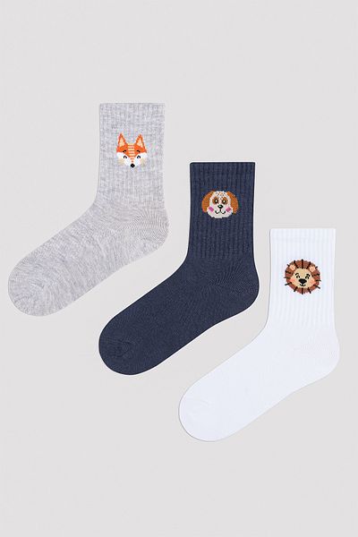 Penti Boy's Cute Animals Ribbed 3-Piece Multicolored Socks