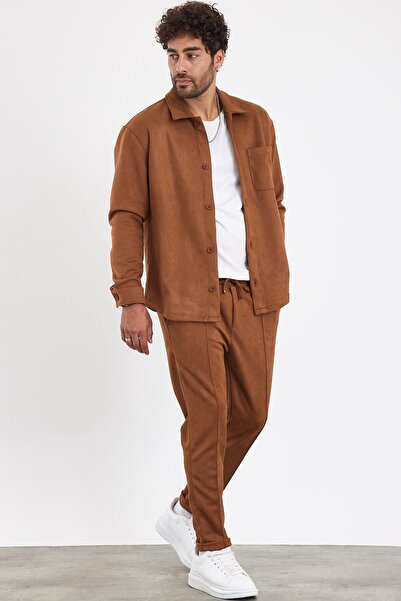 MADZEYMODA Ανδρικό πουκάμισο παντελόνι New Season 2 τεμαχίων Σετ σουέντ χρώματος κανέλας Mz0801