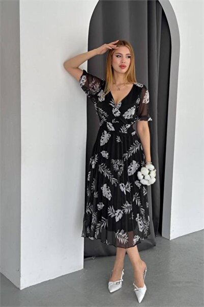 Dipmoda γυναικείο μαύρο πλισέ καλοκαιρινό φόρεμα σιφόν νέας σεζόν DPQ005