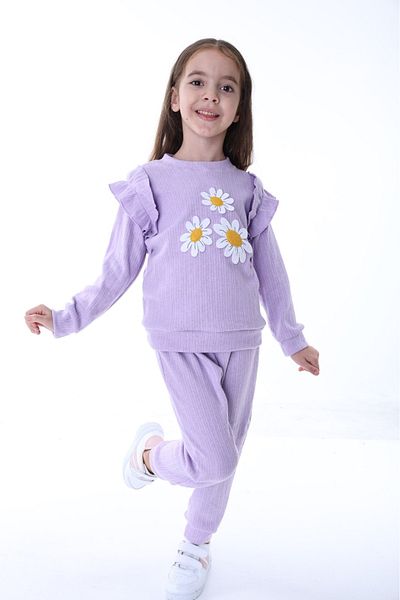 minikiss Cotton Daisy Embroidery Embroidered Shoulder Ruffle Tracksuit Bottom Top Girl's Two-Piece Set