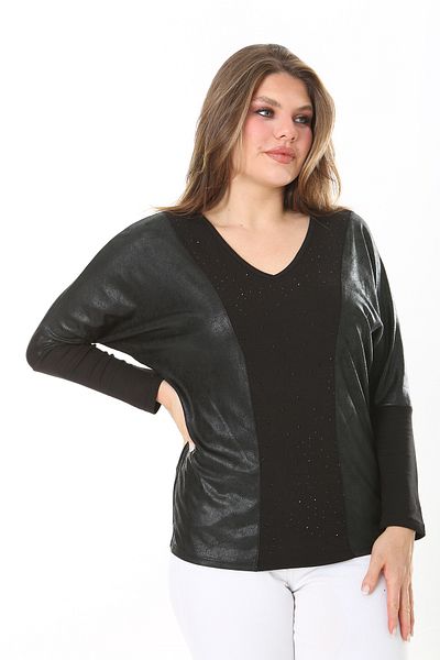 Şans Women's Plus Size Black V-Neck Stone Detailed Long Sleeve Blouse 65N37901