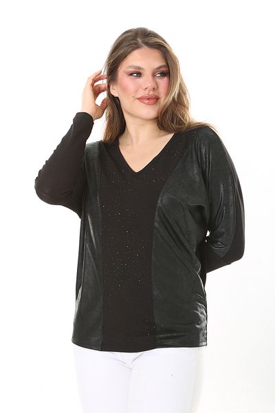 Şans Women's Plus Size Black V-Neck Stone Detailed Long Sleeve Blouse 65N37901
