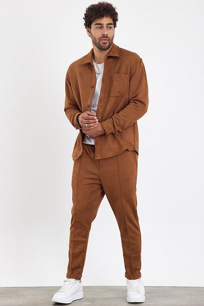 MADZEYMODA Ανδρικό πουκάμισο παντελόνι New Season 2 τεμαχίων Σετ σουέντ χρώματος κανέλας Mz0801