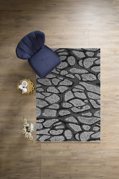 Napoli Home Dijital Sade Çakıl Taş Modelli Yıkanabilir Kaymaz Taban Yolluk Mu...