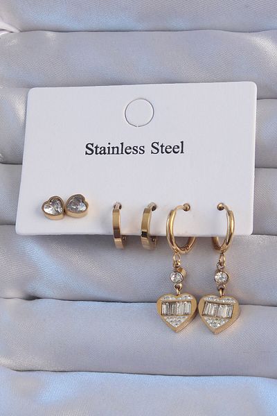 Skygo Gold Colored 316L Heart Model Zircon Stone Hoop Earring Set - TJ-BKP9151