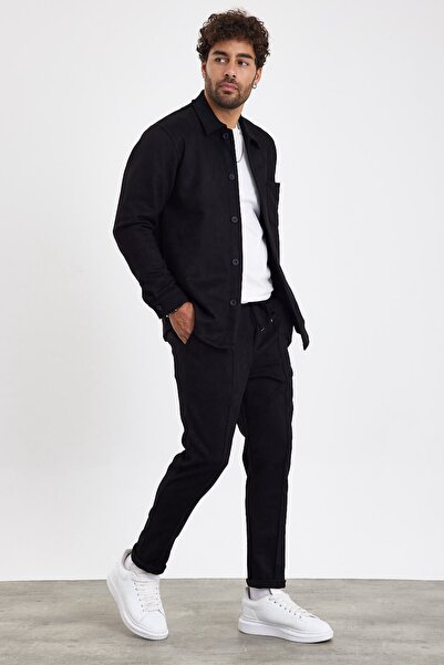 MADZEYMODA New Season Men's Trousers and Shirts 2-Piece Black Suede Set Mz0801