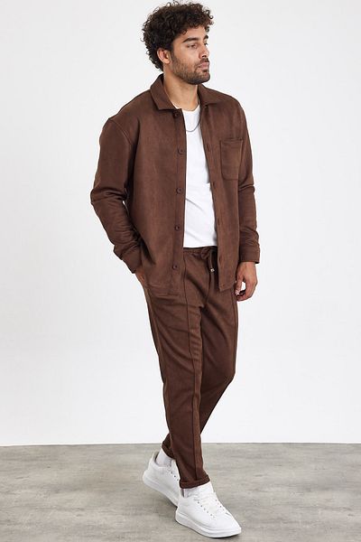 MADZEYMODA New Season Ανδρικό Παντελόνι Πουκάμισο 2 τεμαχίων Καφέ Suede Σετ Mz0801