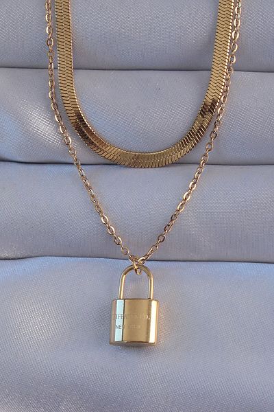 Skygo 316L Steel Gold Color Double Chain Lock Model Necklace - Tj-Bko8941