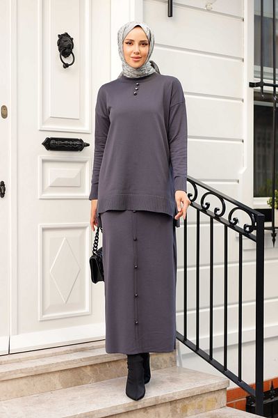 Pamuk Butik Women's Mercerized Stone Detailed Skirted Double Knitwear Suit