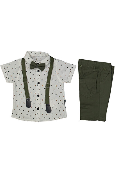 bebegen طقم للأولاد مكون من 3 قطع مع بنطلون أبيض وأخضر وقميص بنمط أوراق الشجر...
