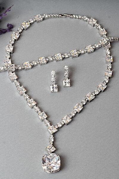BY BARUN SİLVER Gümüş Set Gerdanlık Kolye Küpe Bileklik Silver Beyaz Zümrüt R...