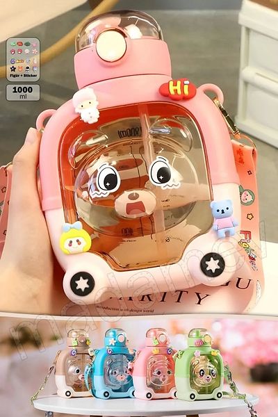 Madamev 1000ml Cute Teddy Bear Water Bottle - Bpa Free, Pink, Figured Water Bottle Sticker with School Lid